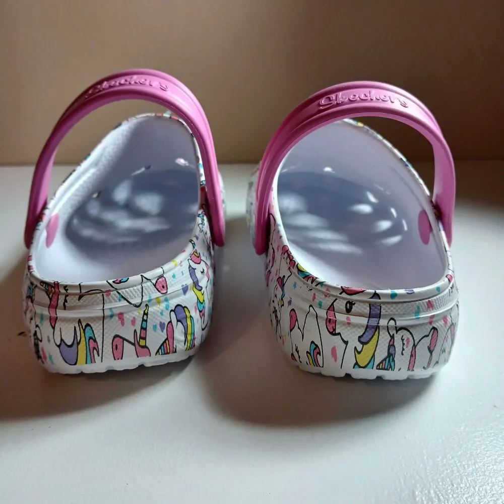 Skechers Foamies Sweetheart Girls Pink White Unicorn Slip On Clog Shoes Size 2